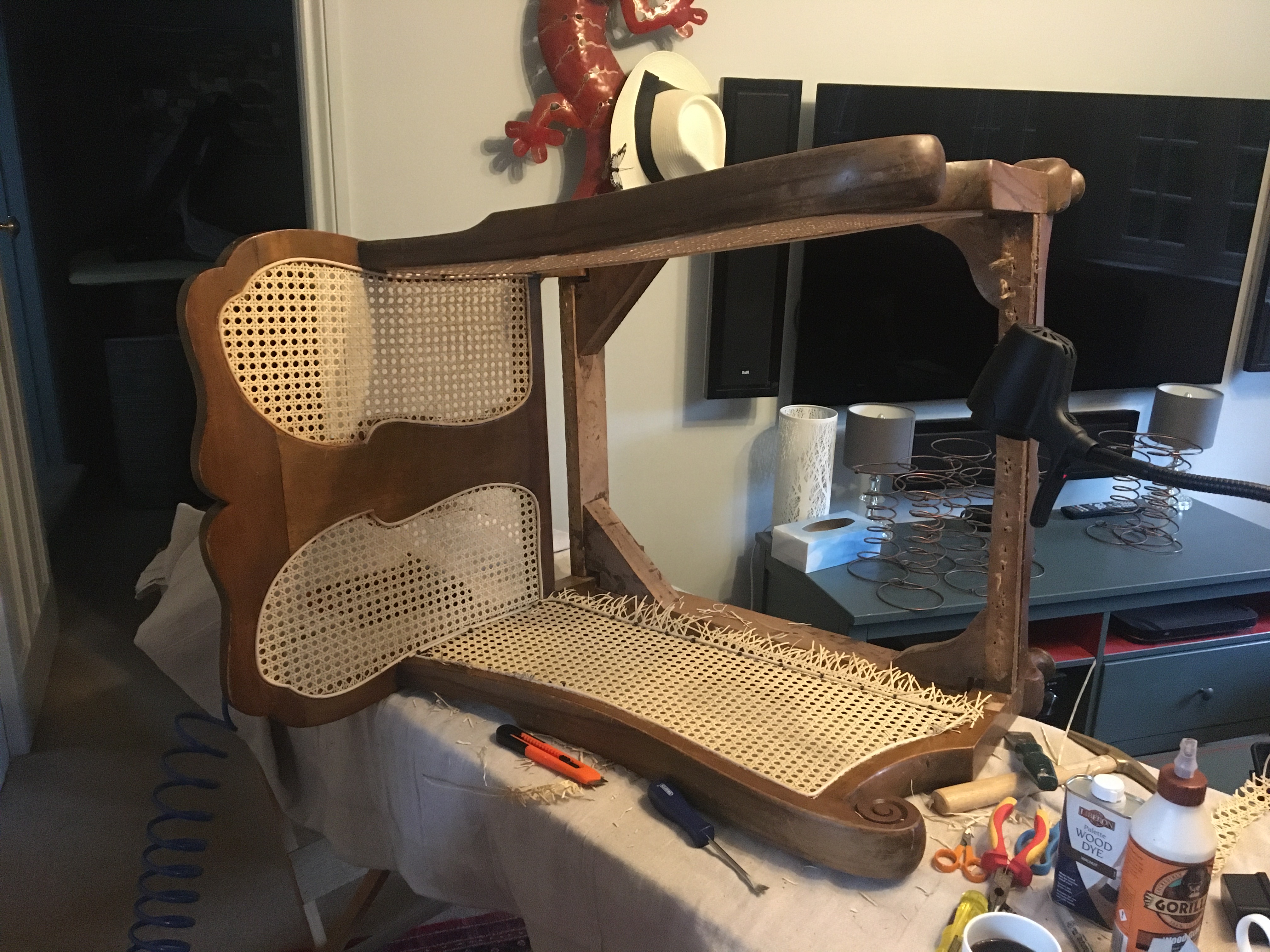 wicker chair in progress sideways